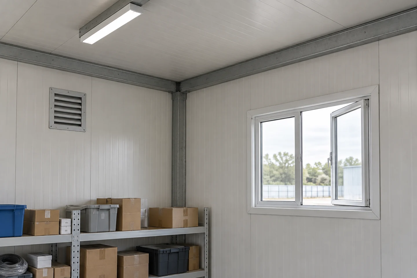Opening window, wall vent and basic ceiling light in a prefab storeroom