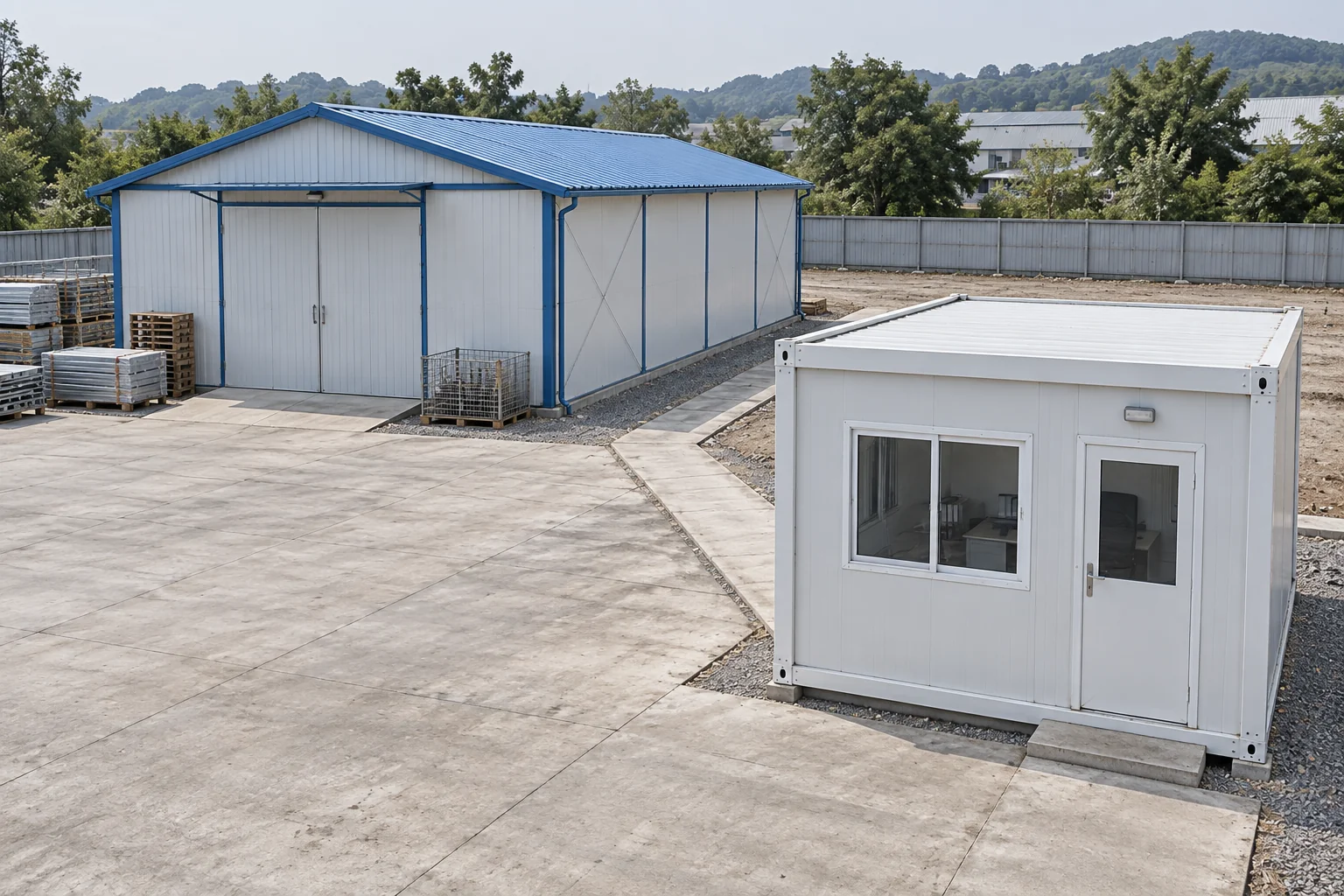 Prefab store and separate modular office arranged around an open yard