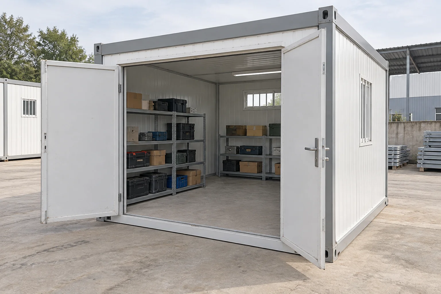 Modular tool store with open double doors and low shelving