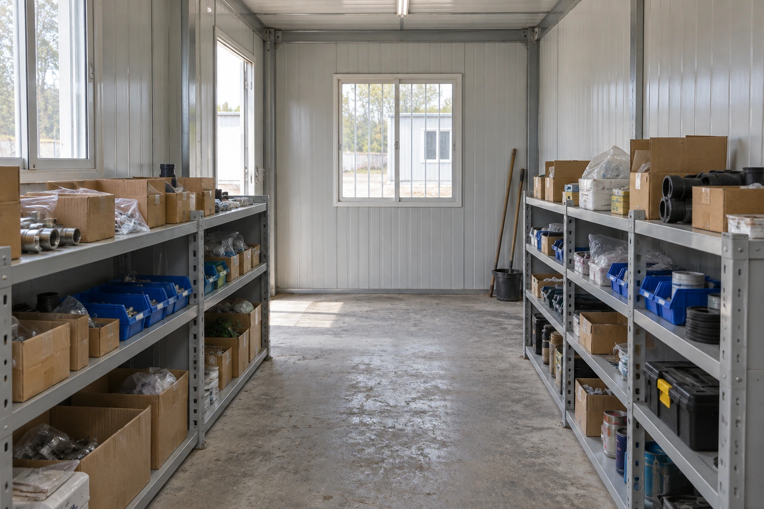 Illustrative low shelving and accessible stock for a small prefab warehouse