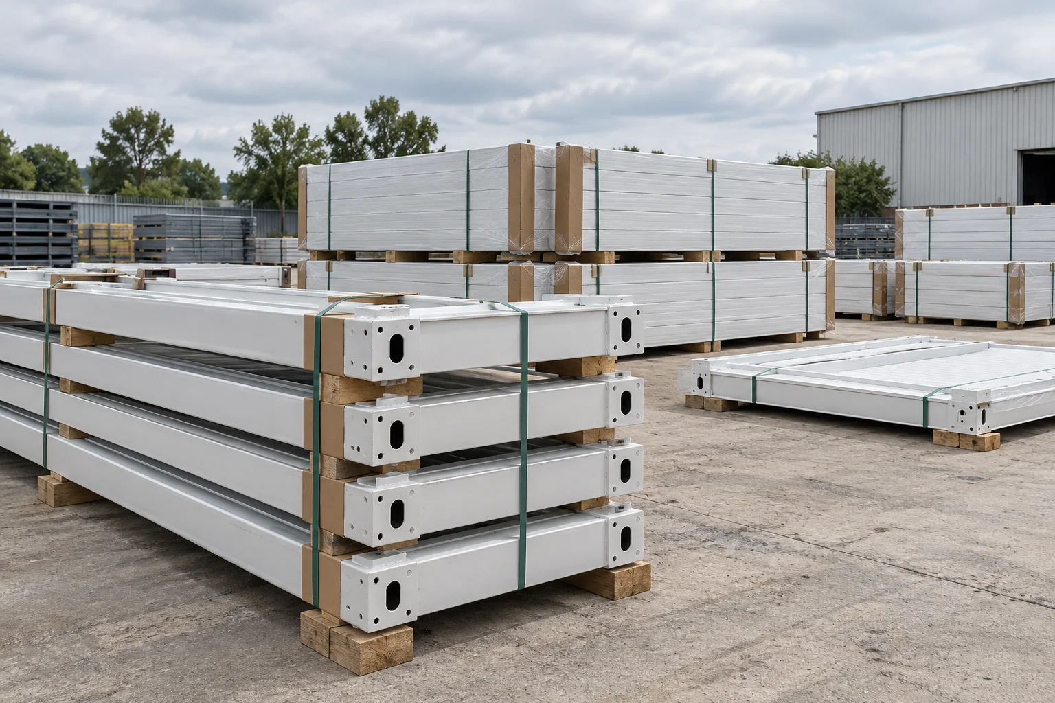 Packed modular building frames and panels prepared for dispatch