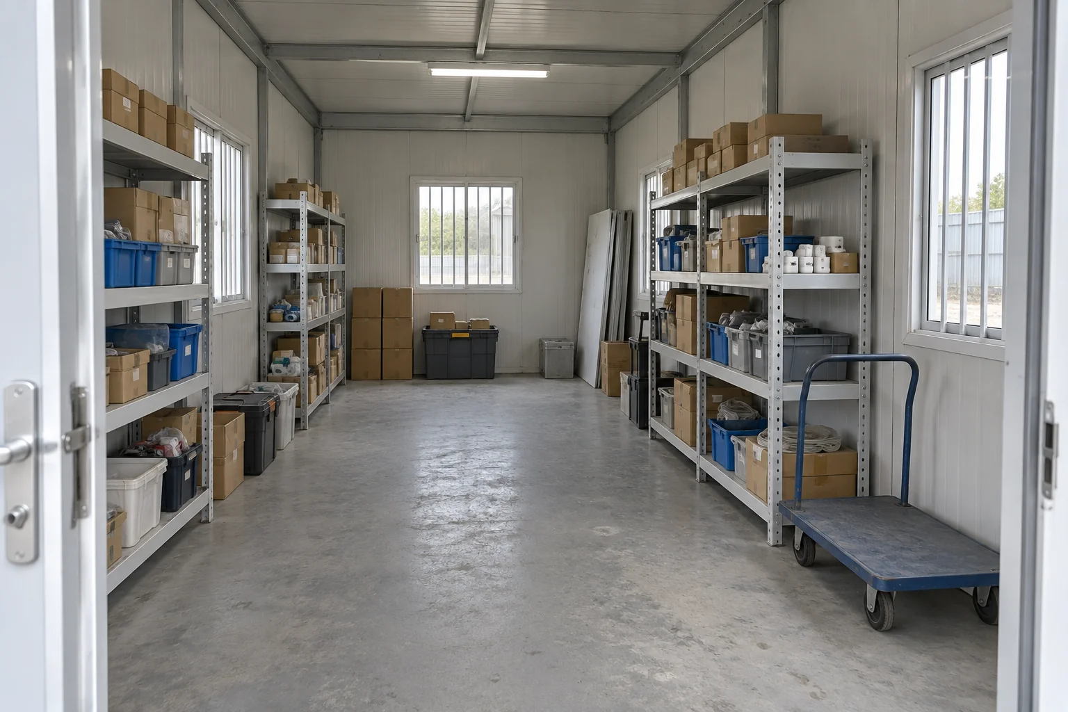 Prefab storage interior with supplies on shelving and a clear central aisle