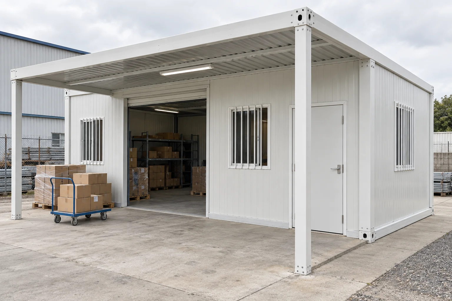 Modular store with a covered receiving area and separate personnel access
