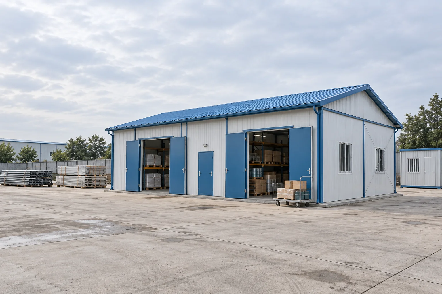 Prefabricated storage building with goods doors and a separate modular store
