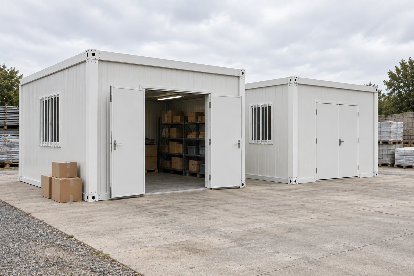 Two compact modular storage buildings with separate goods entrances