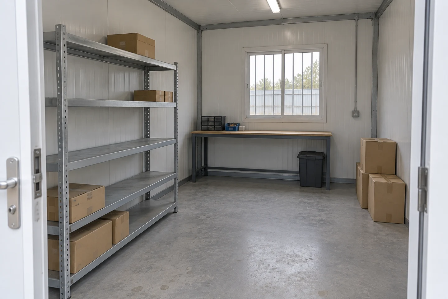 Selected shelving and workbench inside a prefab storage room