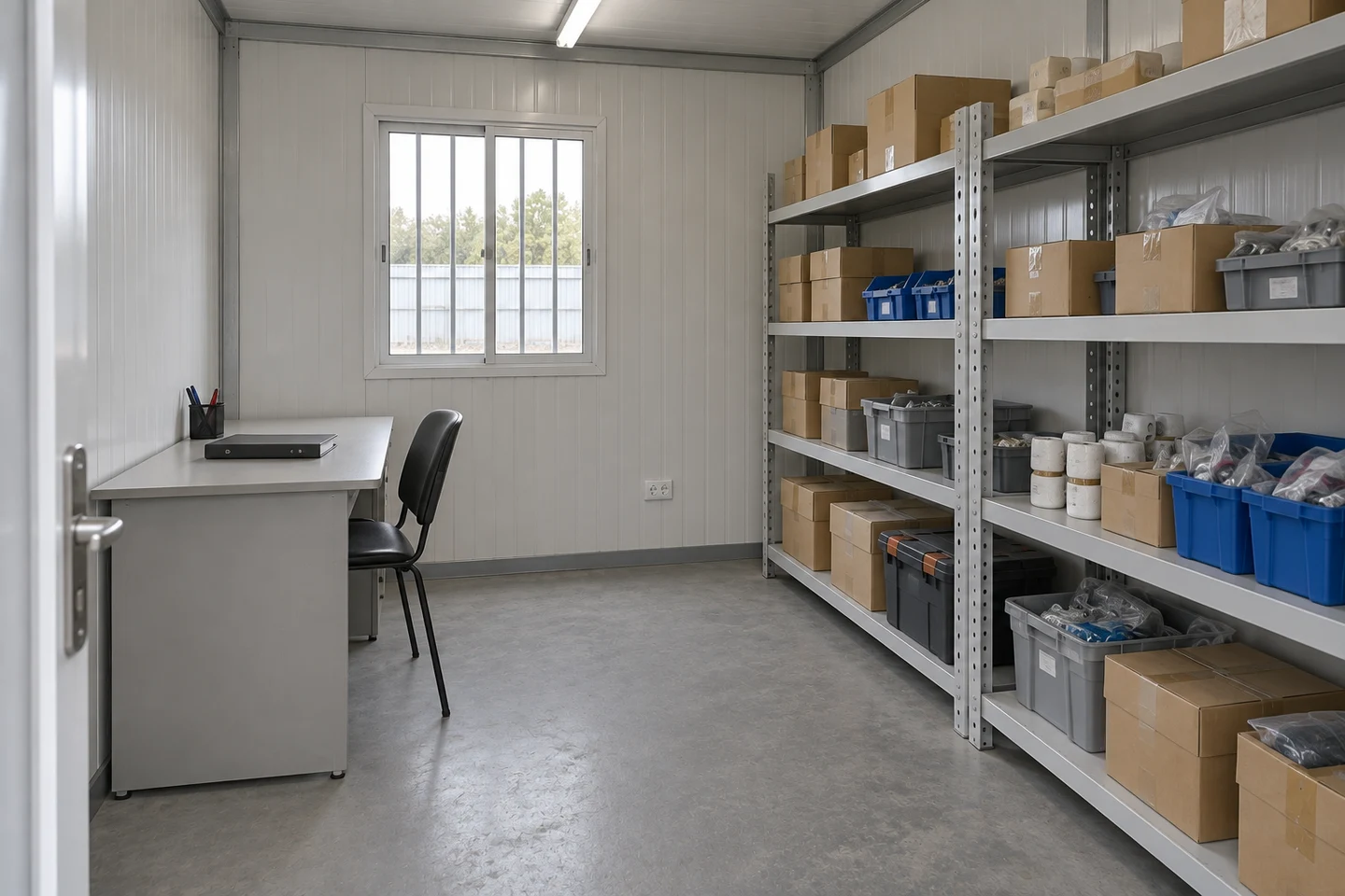 Small desk and shelving in a practical stock coordination corner