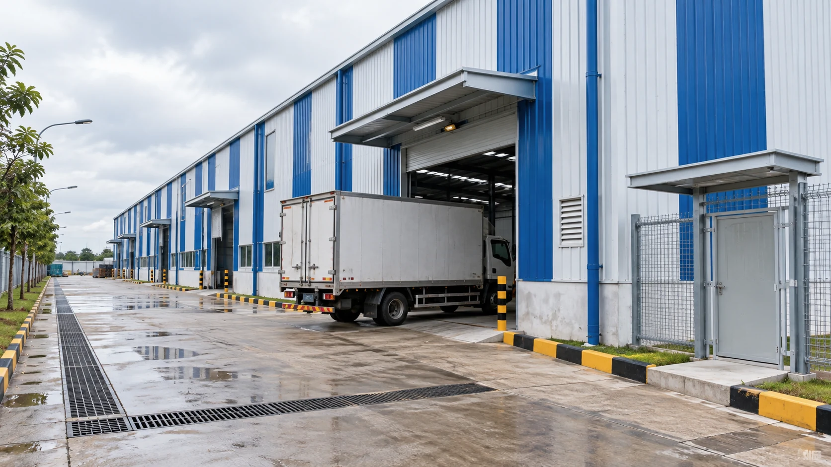 Illustrative small truck approaching a prefab warehouse past a drainage line and pedestrian gate