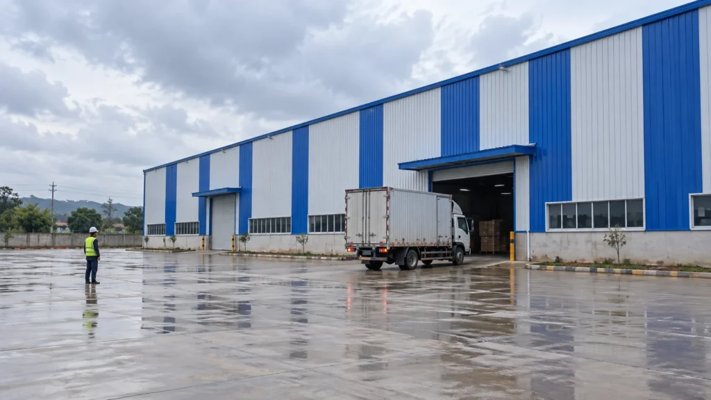 Illustrative ordinary truck at a blue-roof prefab warehouse goods door after rain