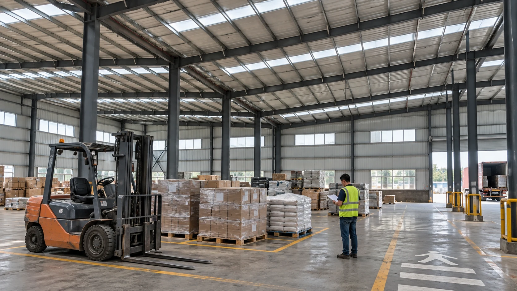 Illustrative working warehouse interior with stopped forklift and pallet receiving area
