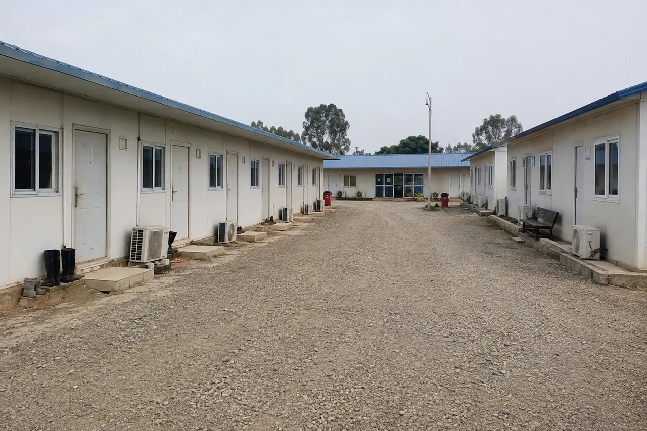 Illustrative worker accommodation with a shared gravel walkway