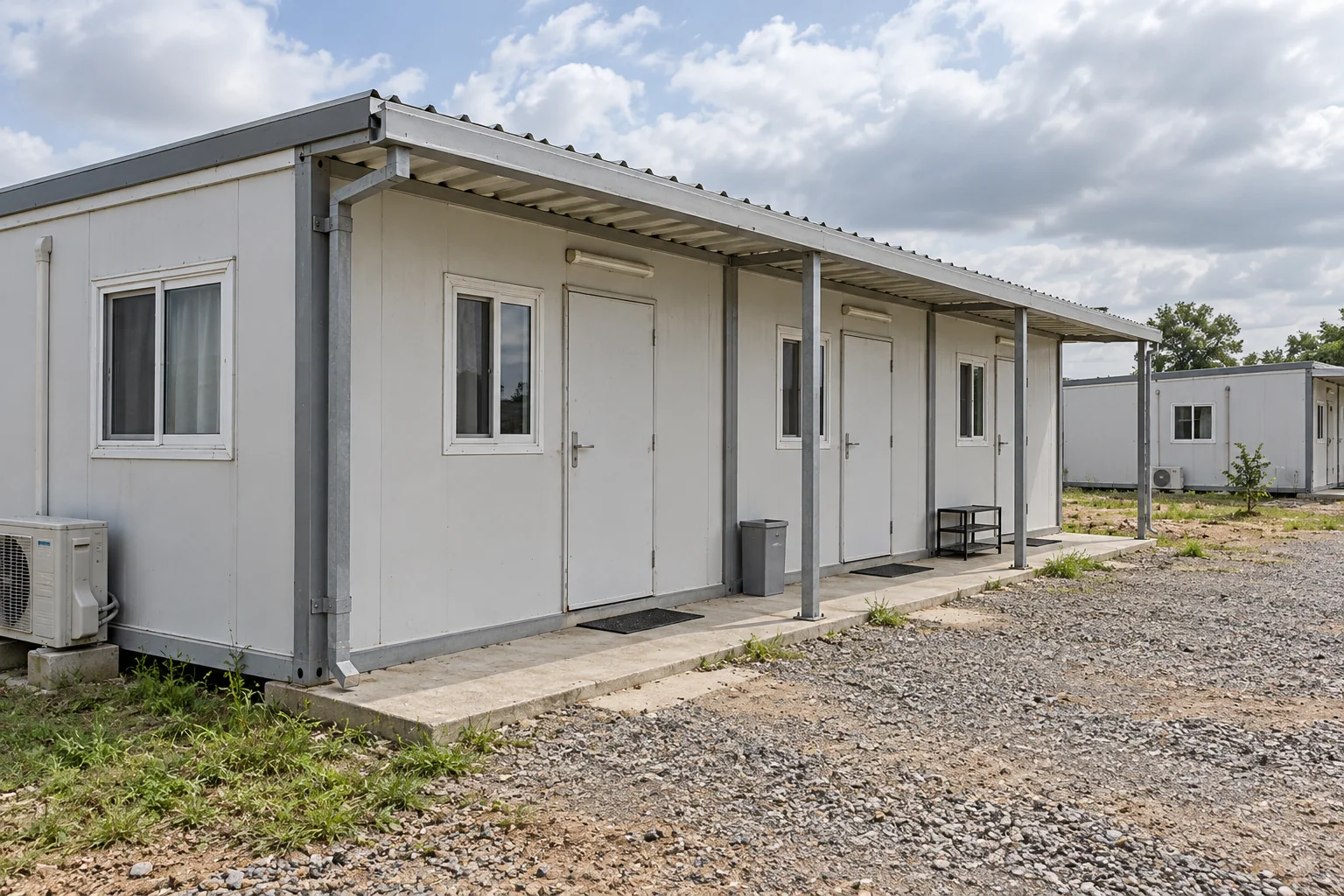 Ground-level concept view of a modular accommodation block with covered entrances