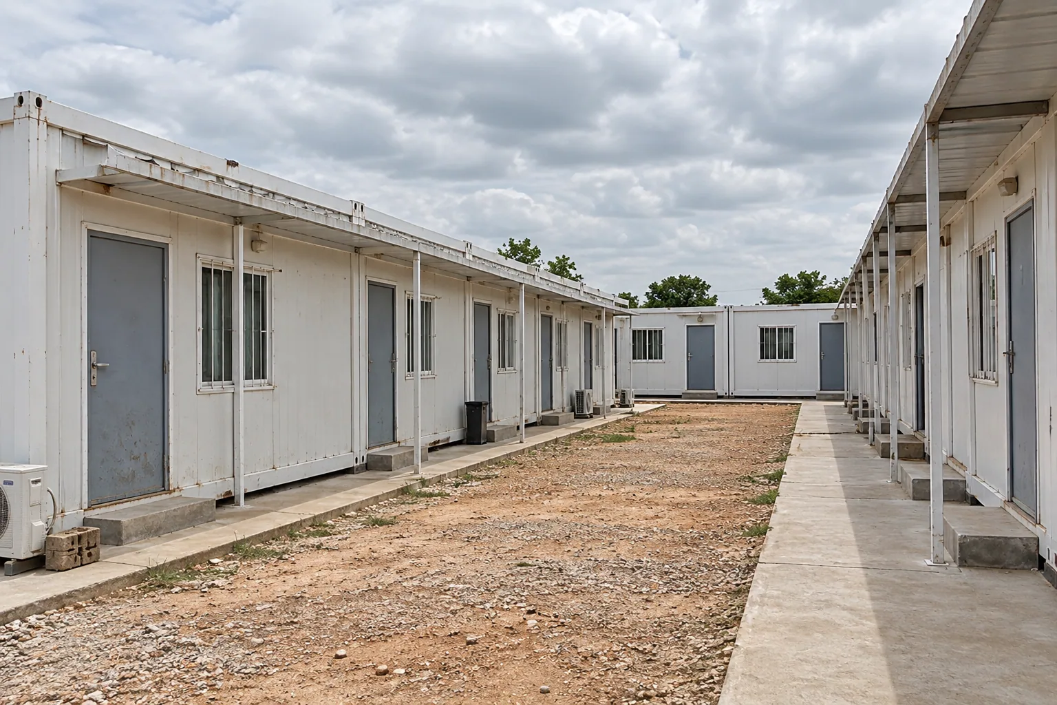 Concept view across a modular accommodation court with sleeping-room entrances