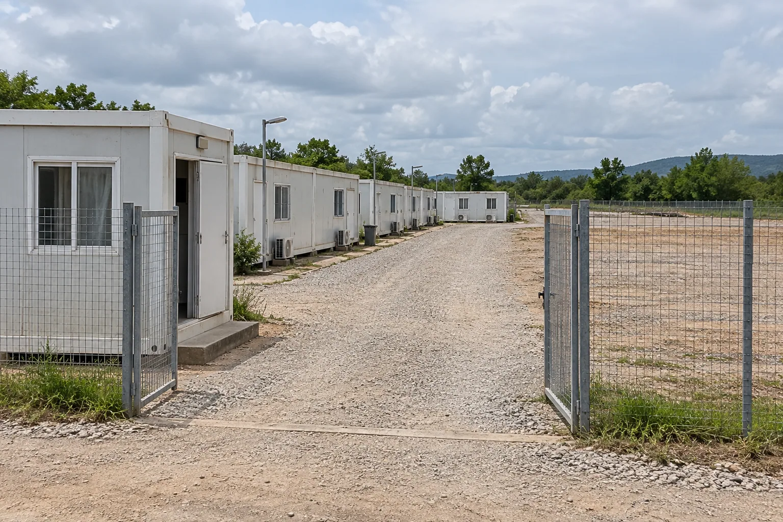 Concept view of a camp reception gate, service lane and open ground for a future phase