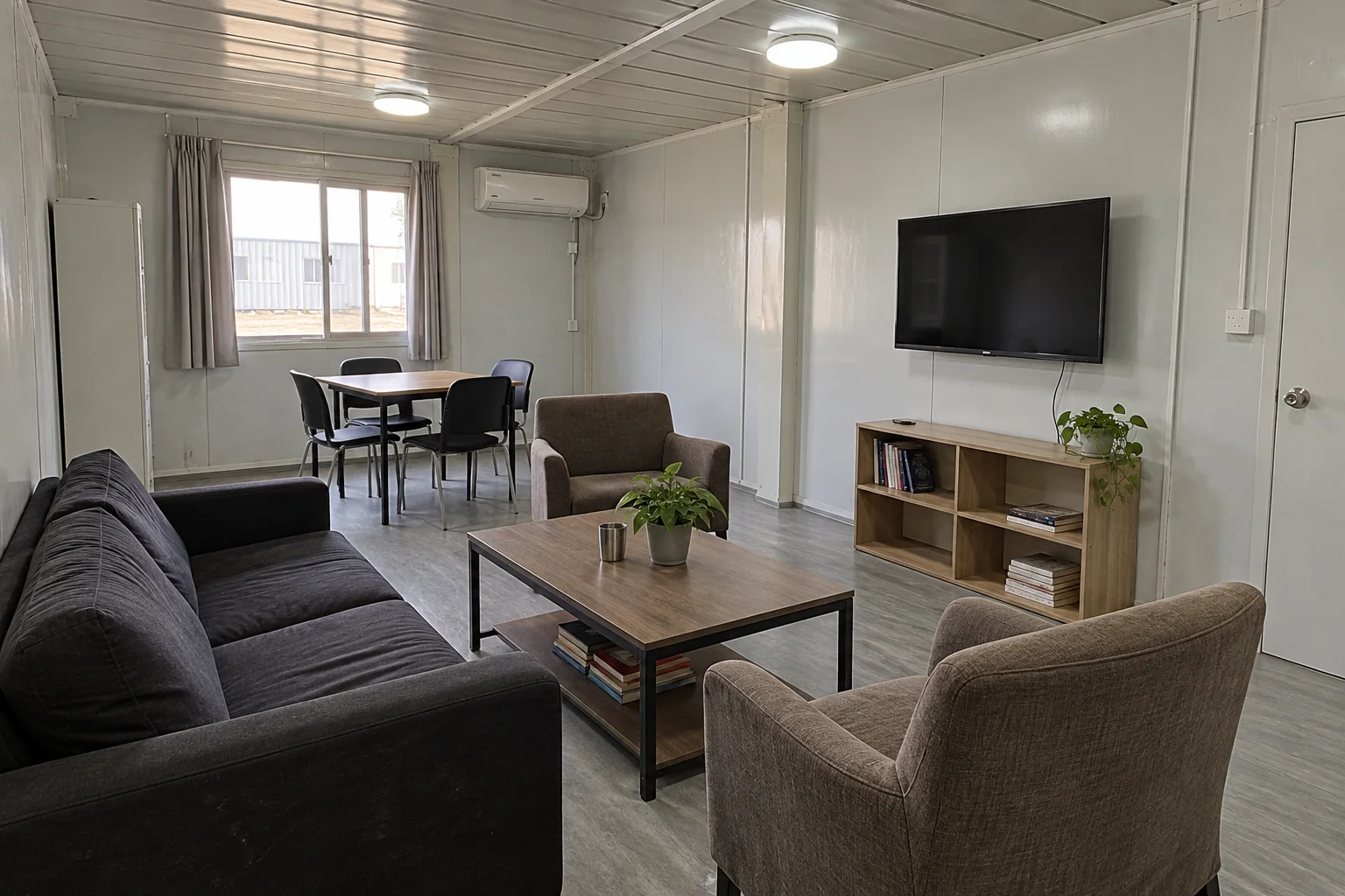 Shared camp recreation-room concept with seating and a small table