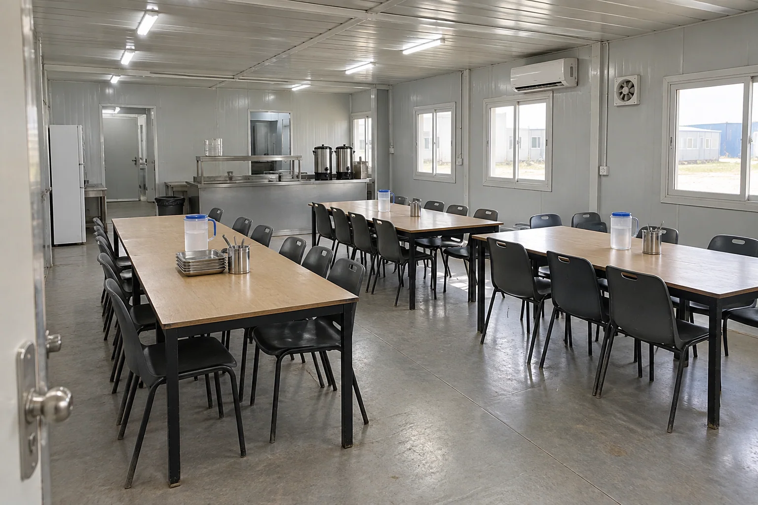 Modular camp dining-room concept with communal tables and a serving area