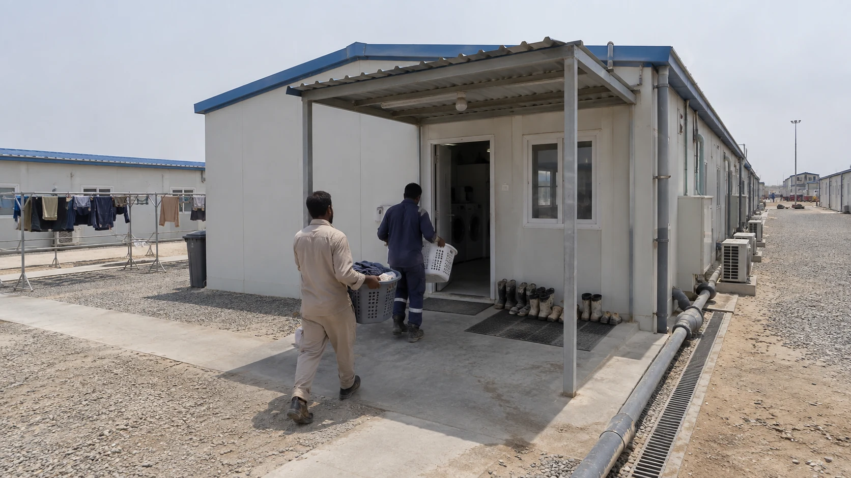 Illustrative laundry support block within a prefabricated worker camp