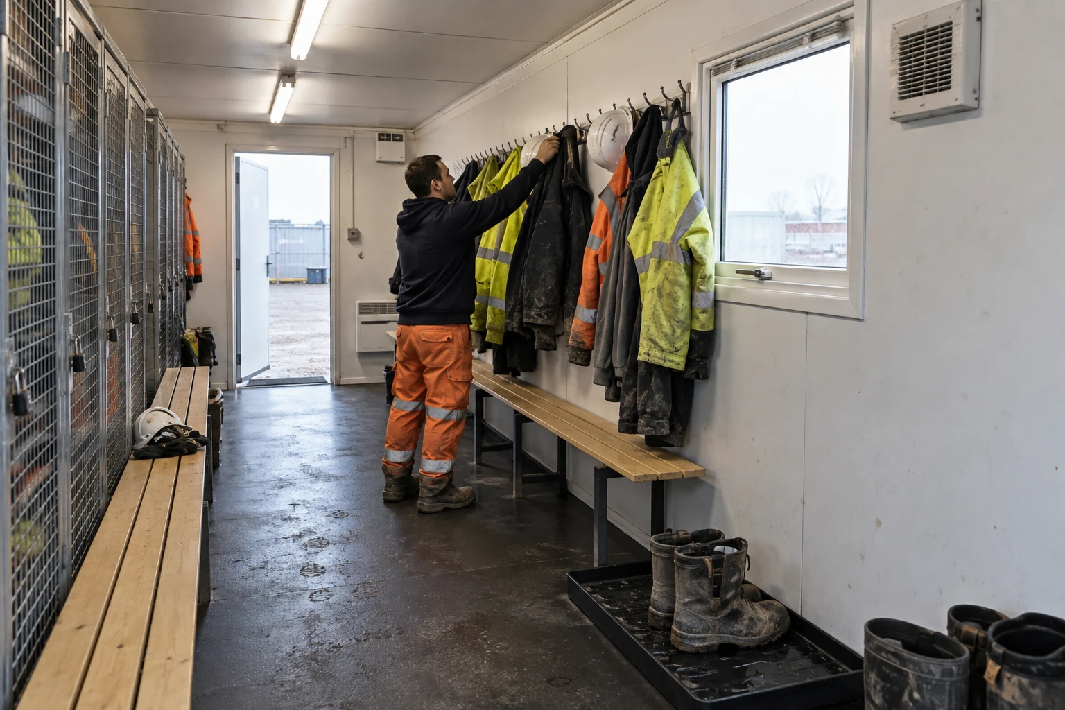 Illustrative workwear drying and changing room with ventilated lockers