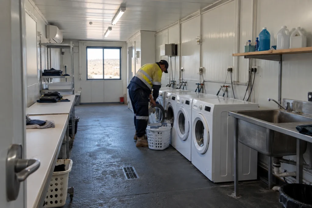 Illustrative worker camp modular laundry room with washers and utility sink