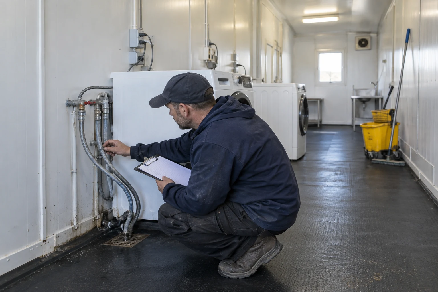 Illustrative inspection of washer water connections in a modular laundry