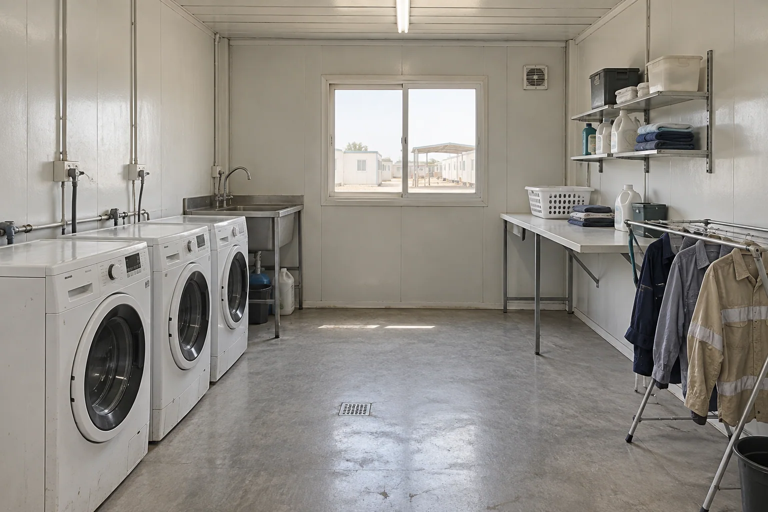 Camp laundry-room concept with washing machines and a drying area