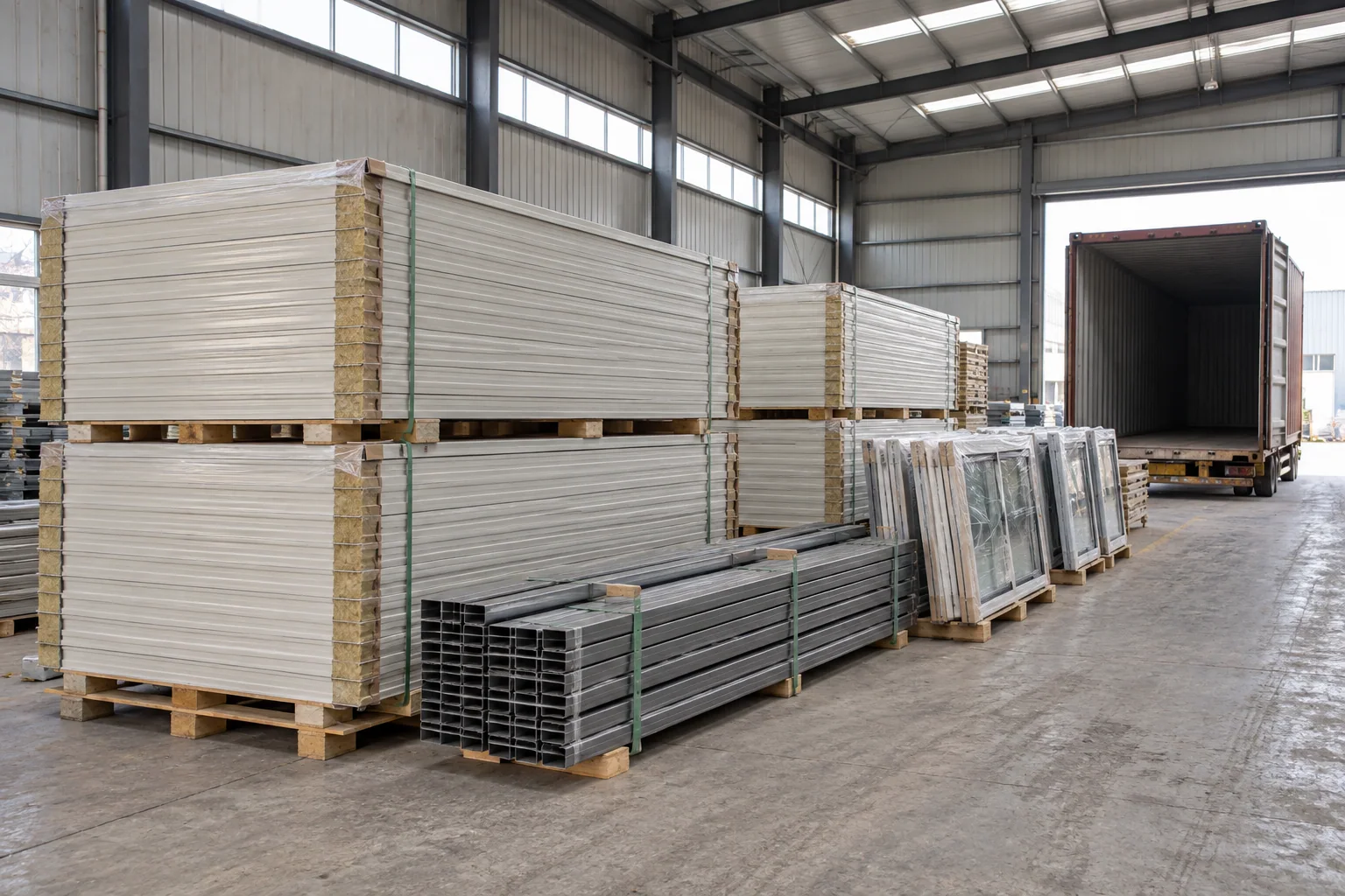 Modular building components grouped and protected for dispatch