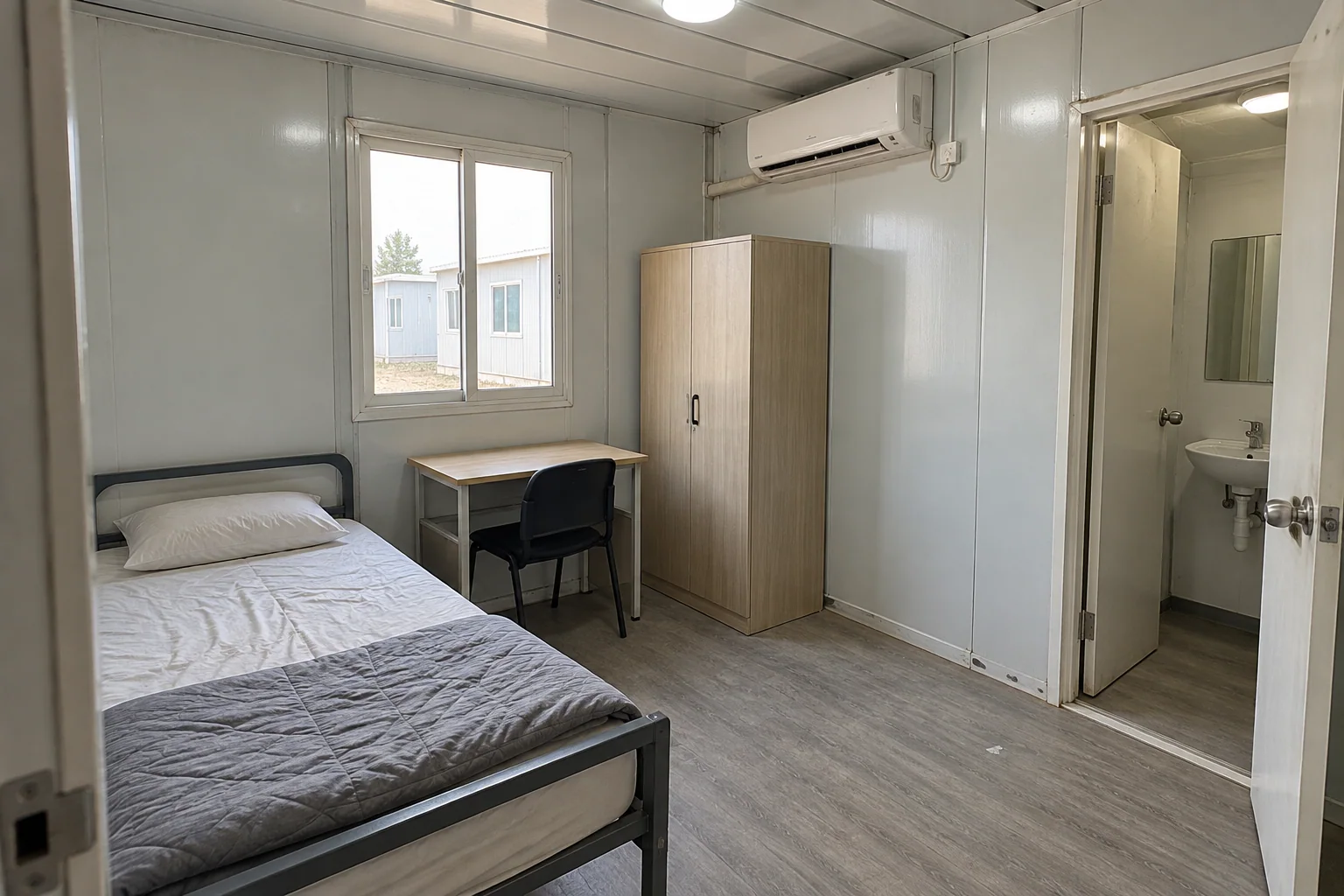 Private worker room concept with a desk, wardrobe and bathroom access
