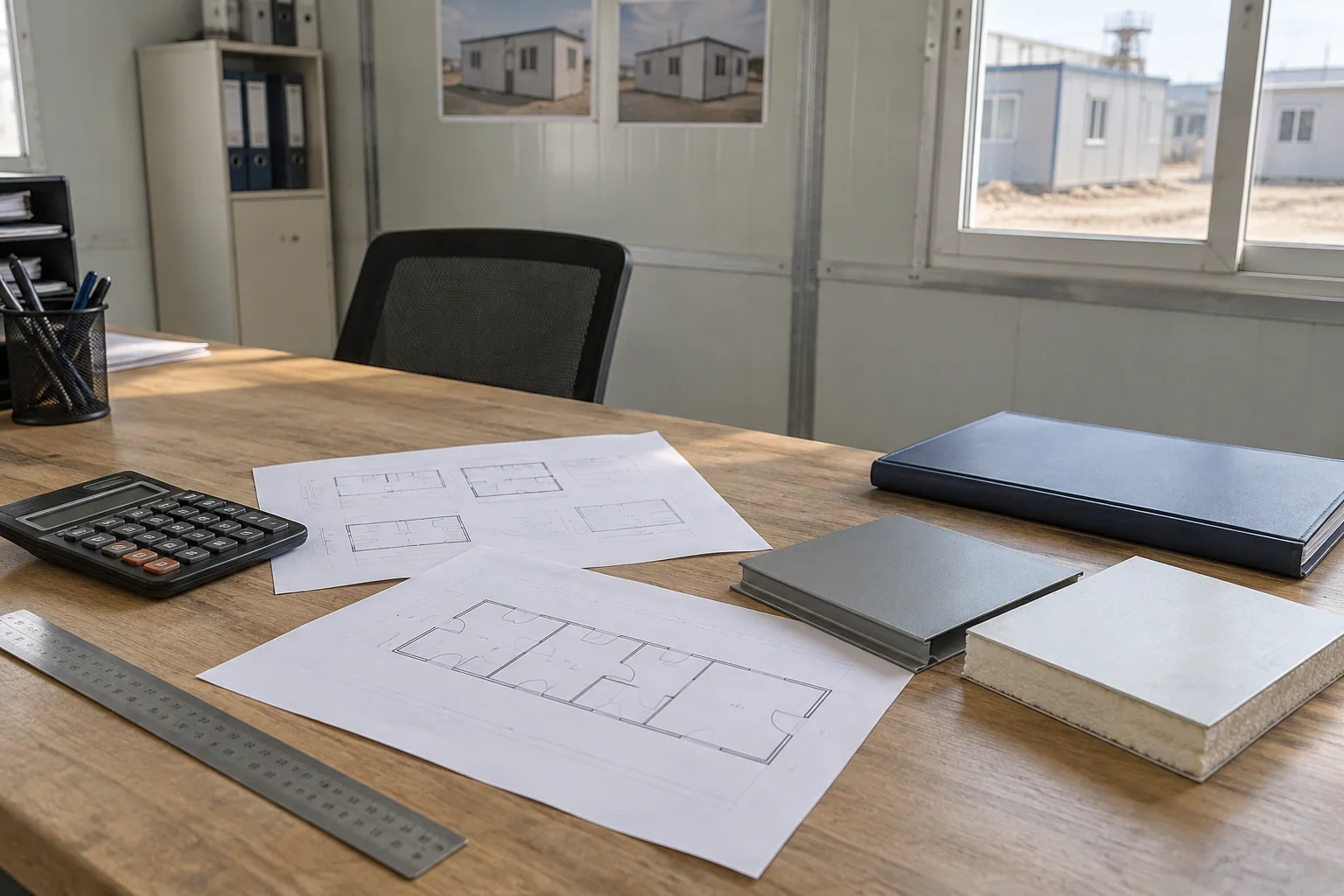 Generic camp planning sketches and material samples on an office desk