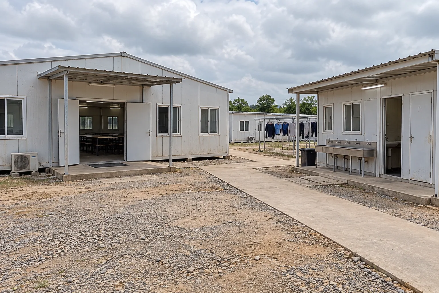 Concept view of a shared camp court linking a dining hall, washrooms and laundry space
