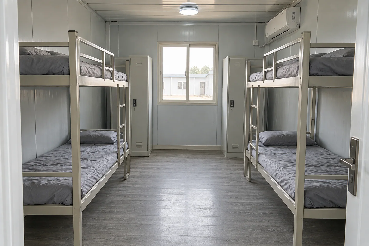 Shared accommodation concept with two bunk-bed frames and personal storage