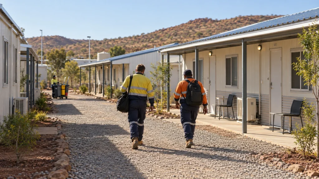 Illustrative modular worker-camp quiet walkway after a night shift