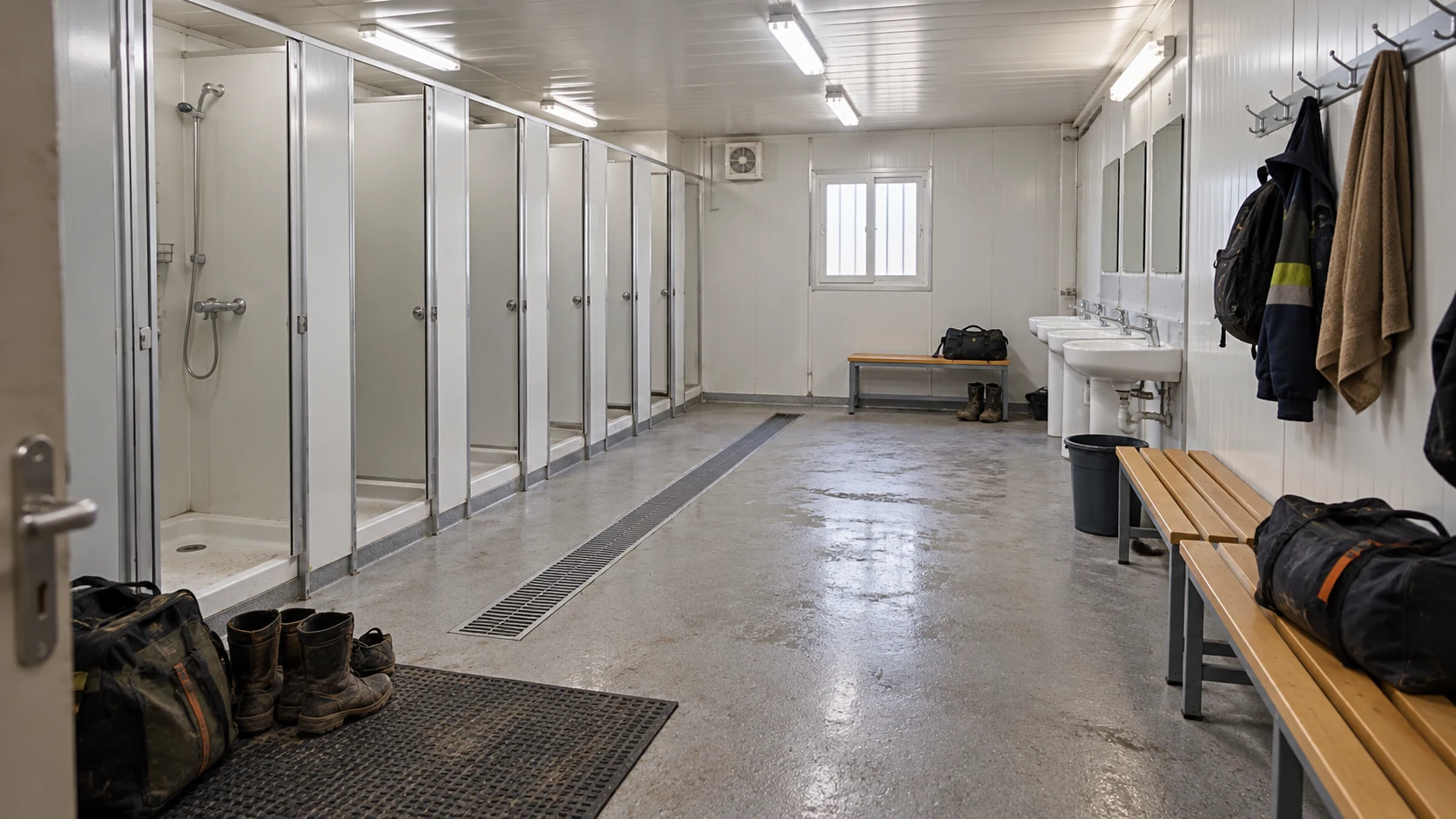 Illustrative practical shared shower and changing area for worker-camp planning