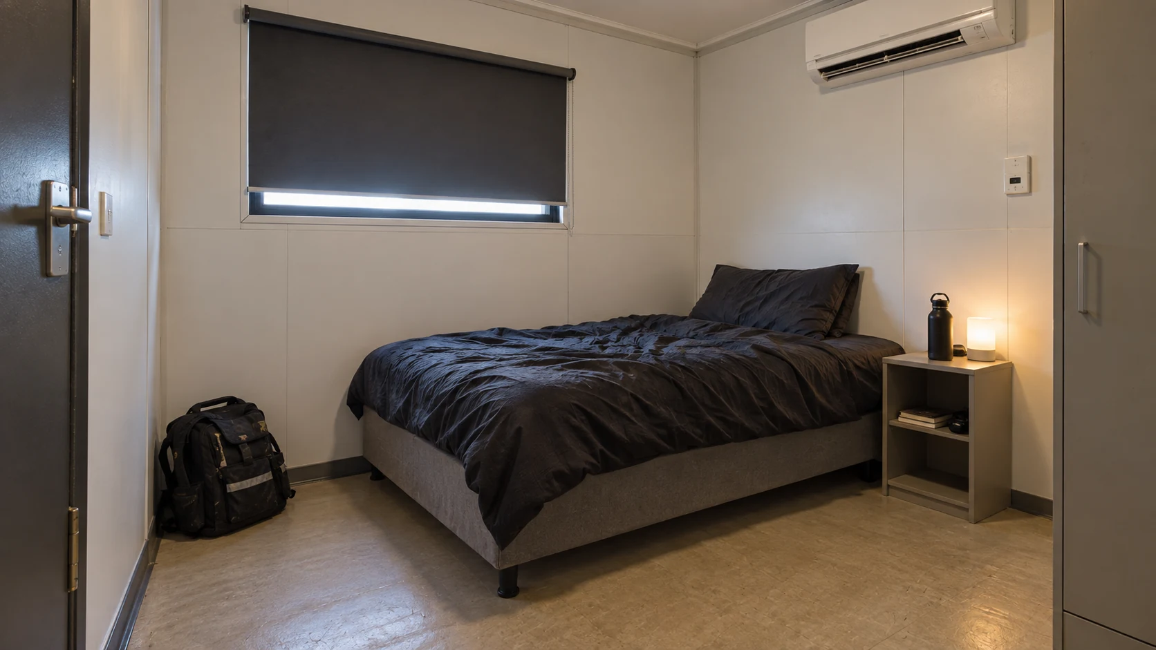 Illustrative modest modular worker room with a blackout blind and practical cooling unit