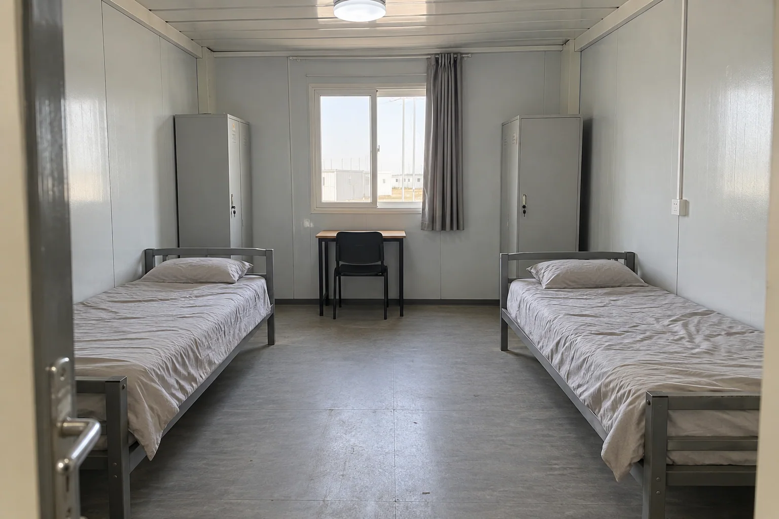 Twin-room accommodation concept with separate beds, lockers and a central aisle