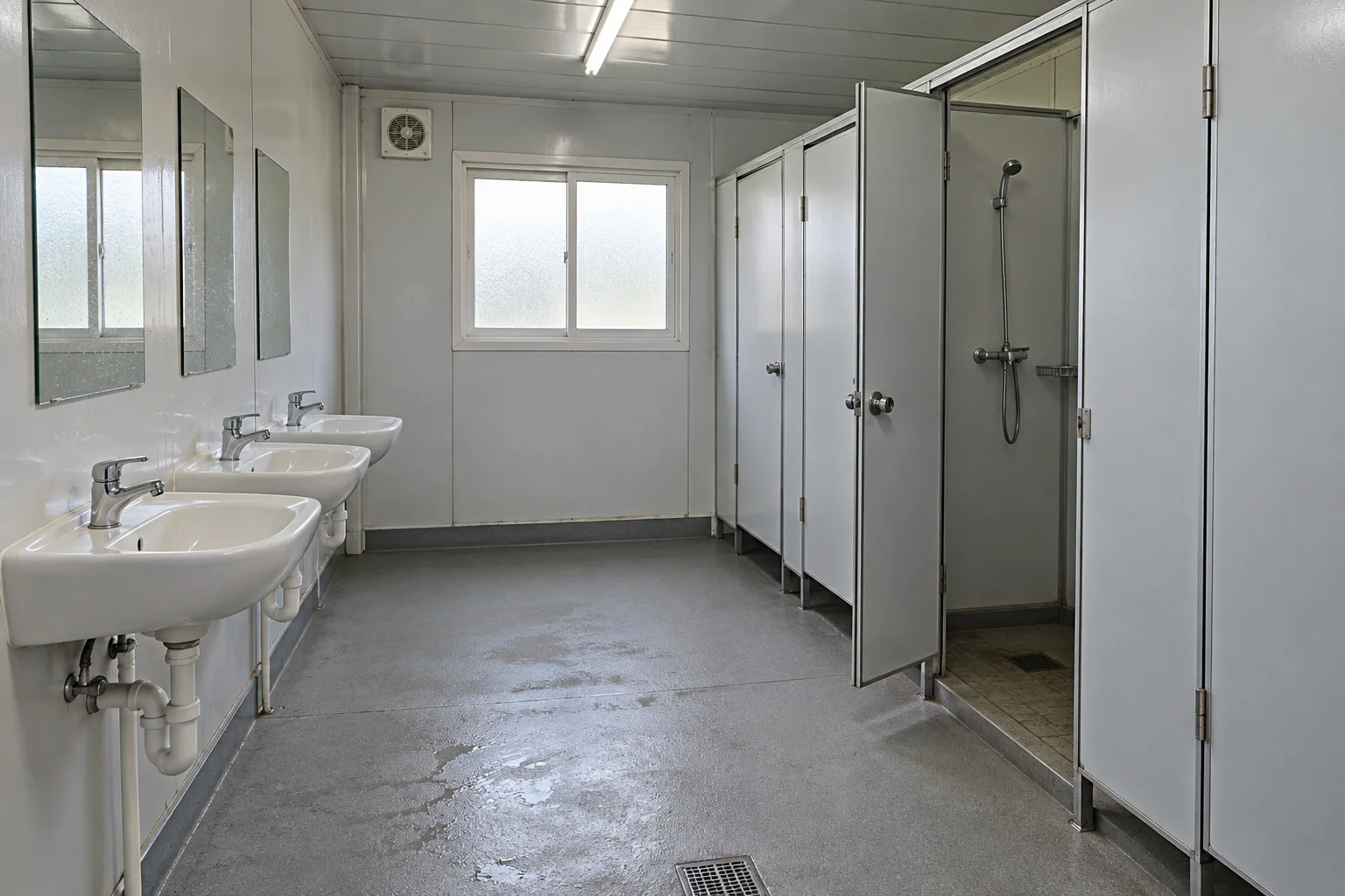 Shared camp washroom concept with basins and private shower cubicles