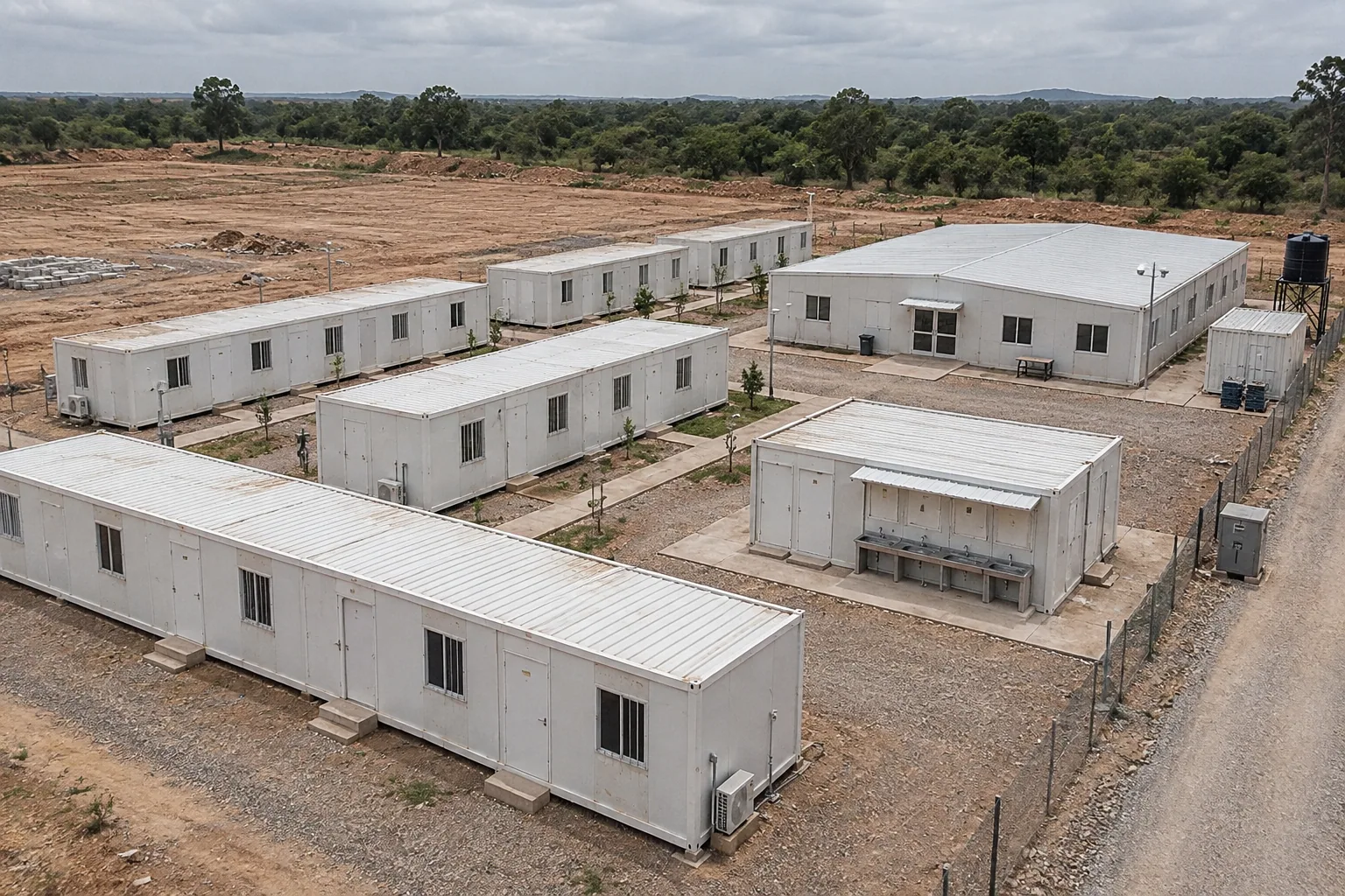 Elevated concept view of accommodation rows, shared facilities and an adjacent service lane