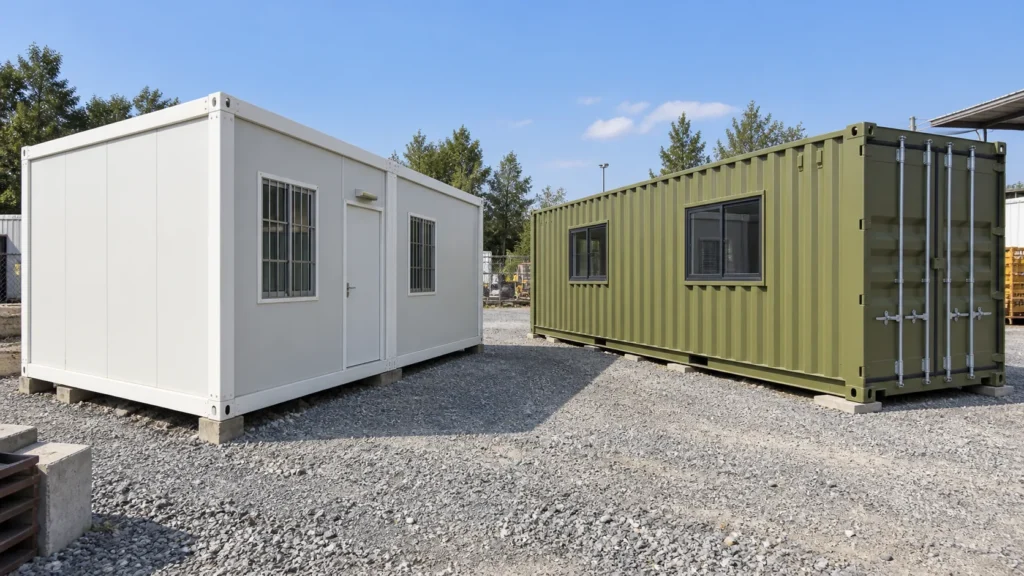 Illustrative prefab panel building beside a converted corrugated freight-container office