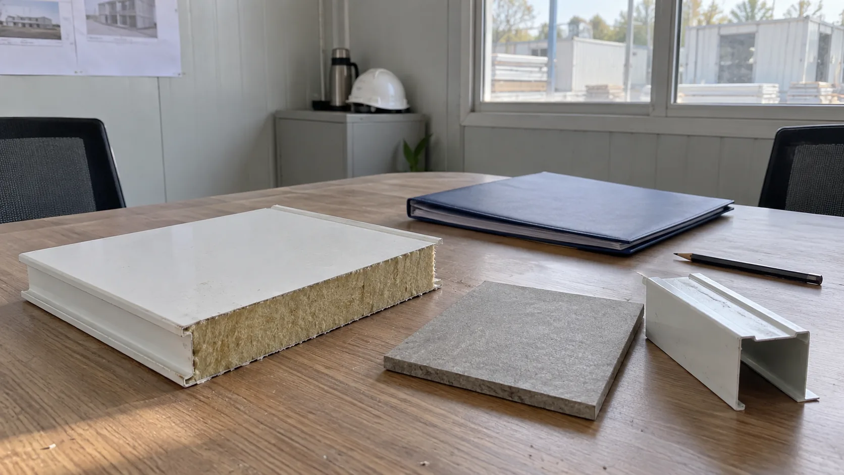 Illustrative material samples and a project folder on a factory planning table