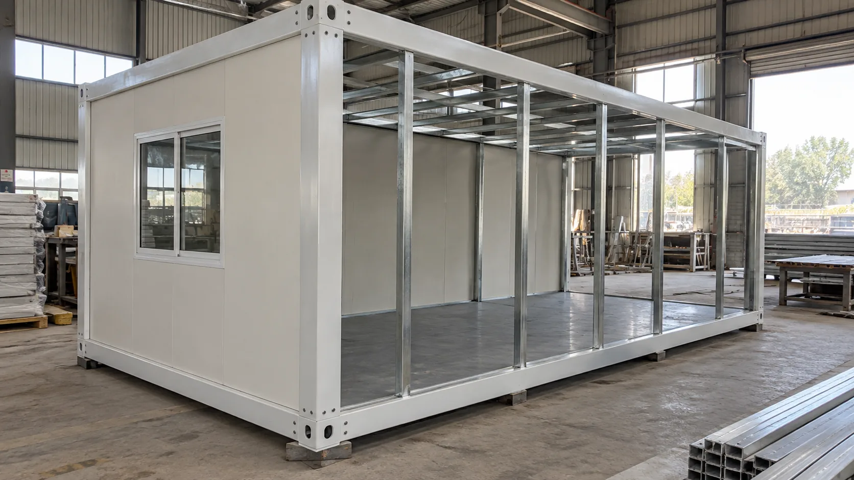 Illustrative purpose-built prefab room frame with partly fitted panel walls
