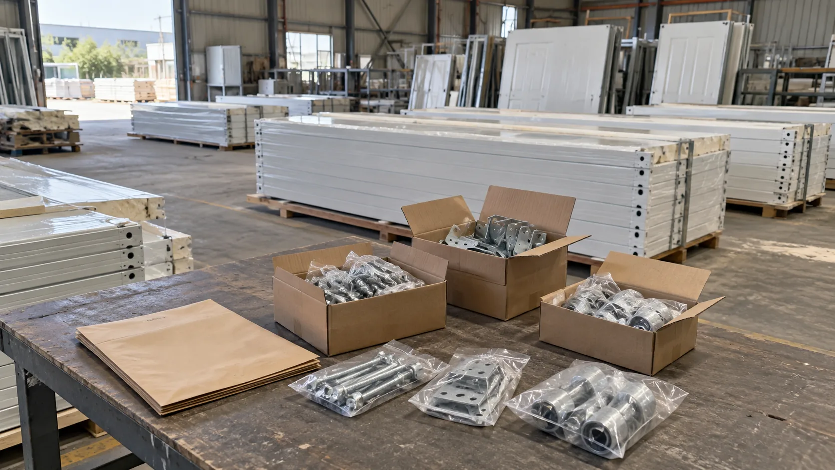 Illustrative accessory cartons with bagged hardware beside packed building components