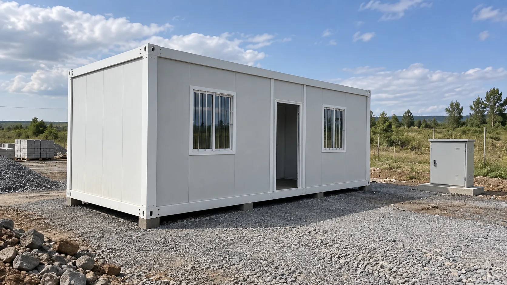 Illustrative completed prefab office beside a gravel site working area