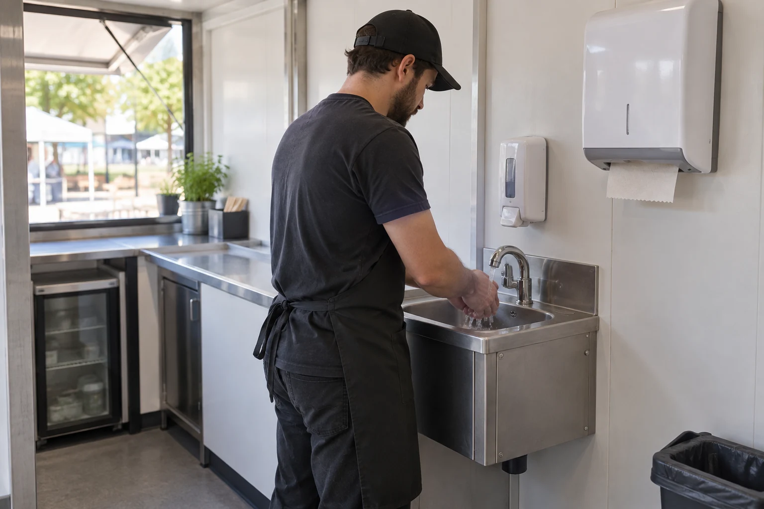 Staff washing hands at a separate basin with soap and paper-towel provision.