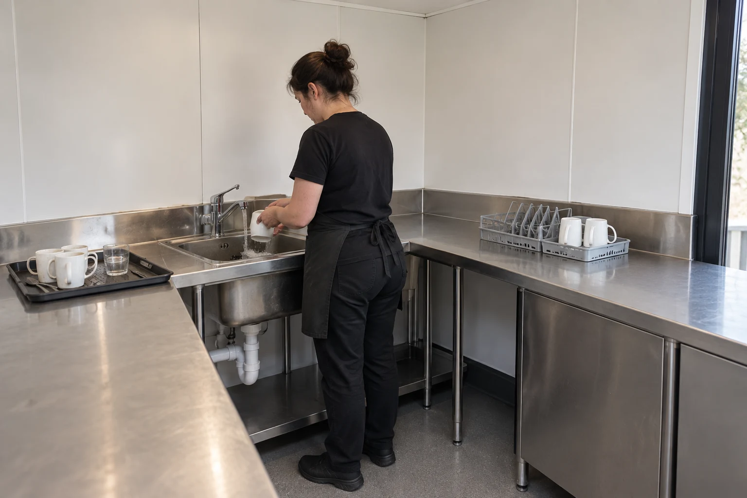 Illustrative equipment-washing sink with separate used-item tray and clean-item rack.
