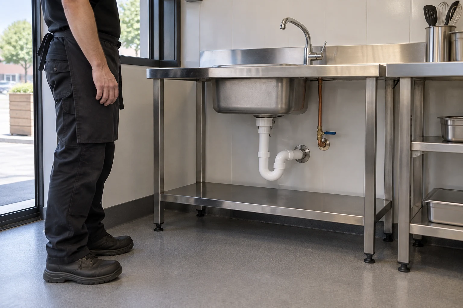 Visible supply valve and sink drain connections beneath a supported food-shop counter