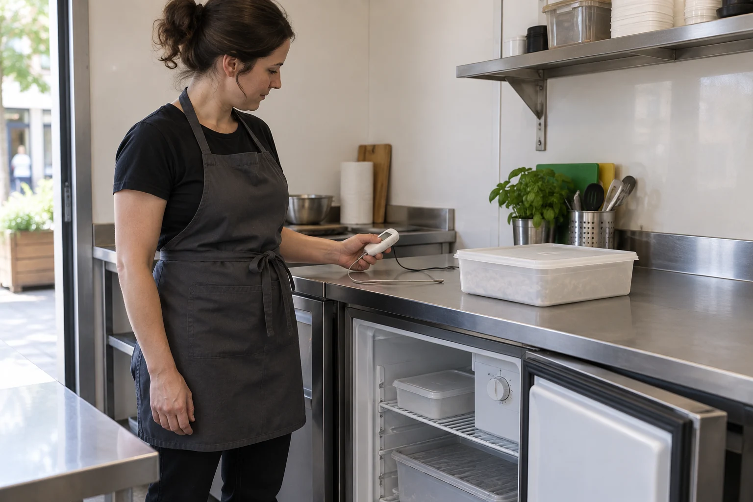 Staff member with a separate temperature-check instrument beside closed food containers and an open refrigerator