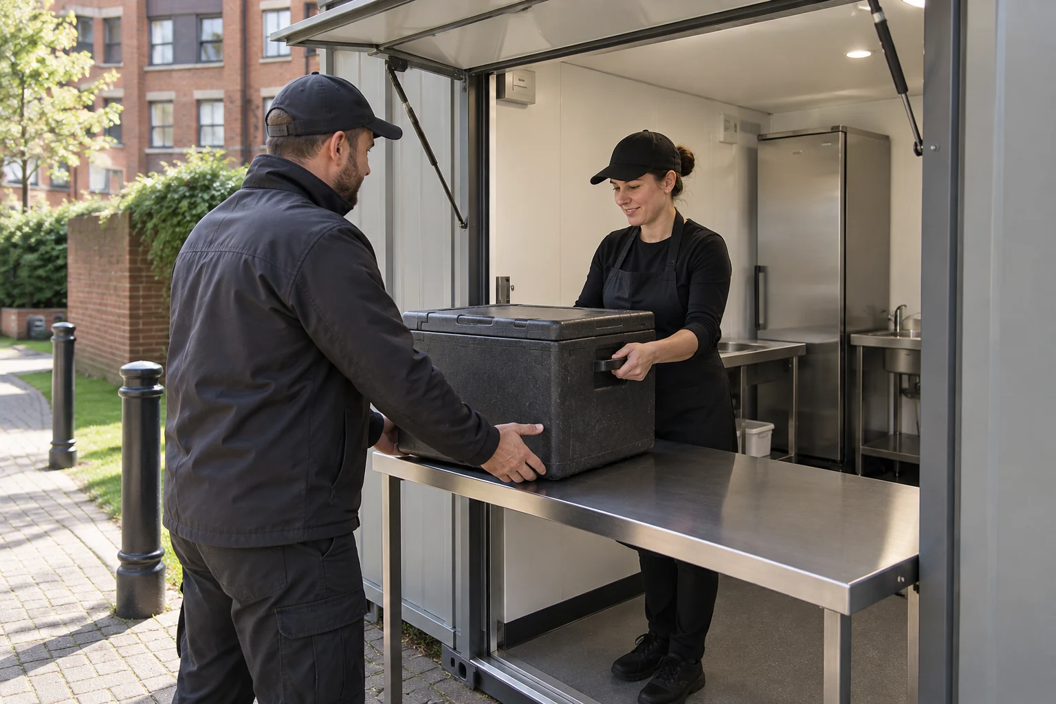 A closed insulated delivery box received on a supported counter beside a food-shop refrigerator