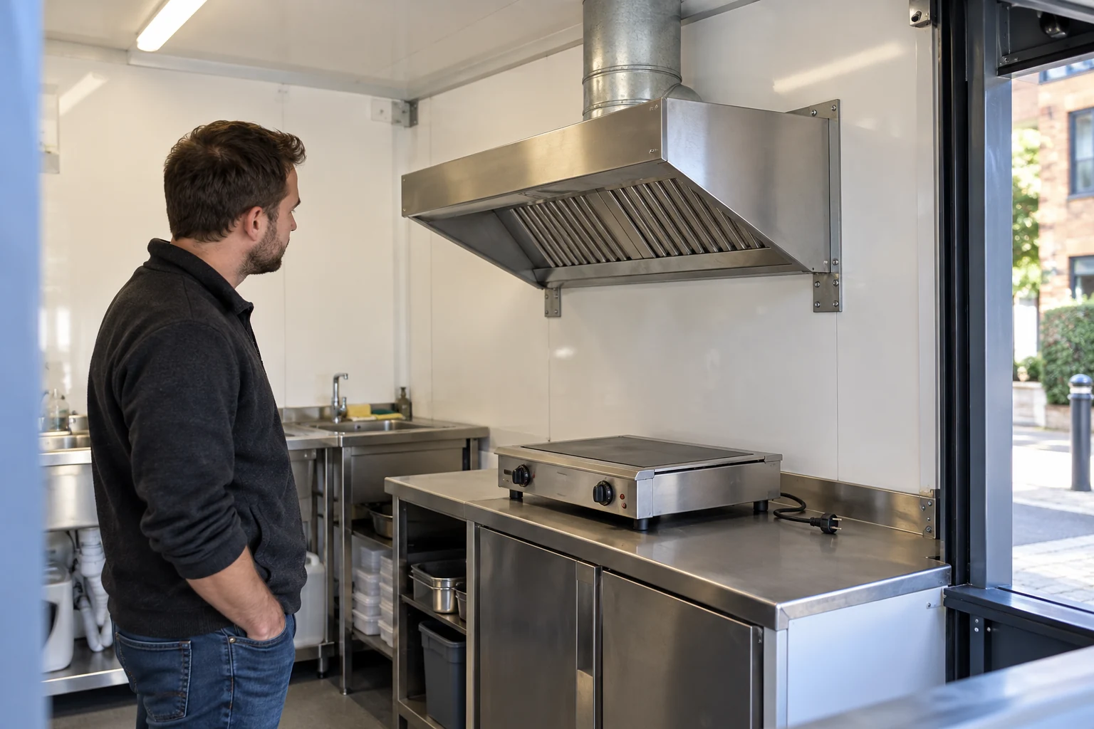 Unplugged electric cooking plate on a supported counter beneath a wall-mounted extraction canopy
