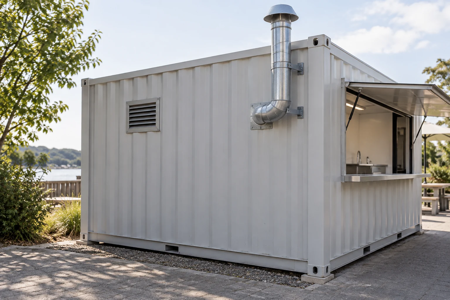 Separate wall inlet and supported exhaust duct on a modest food-service kiosk