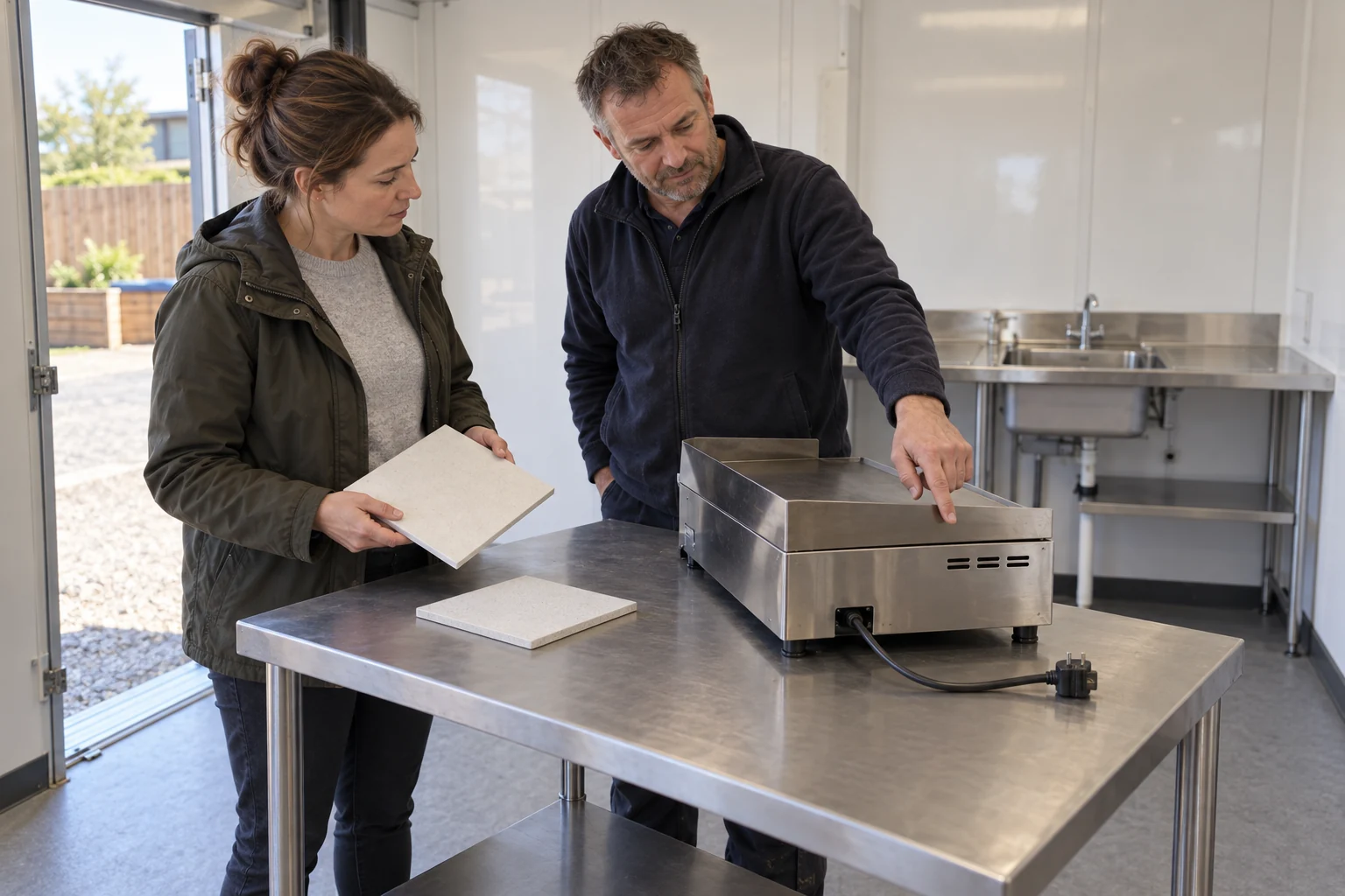 Buyer and installer reviewing an unplugged appliance and plain finish samples