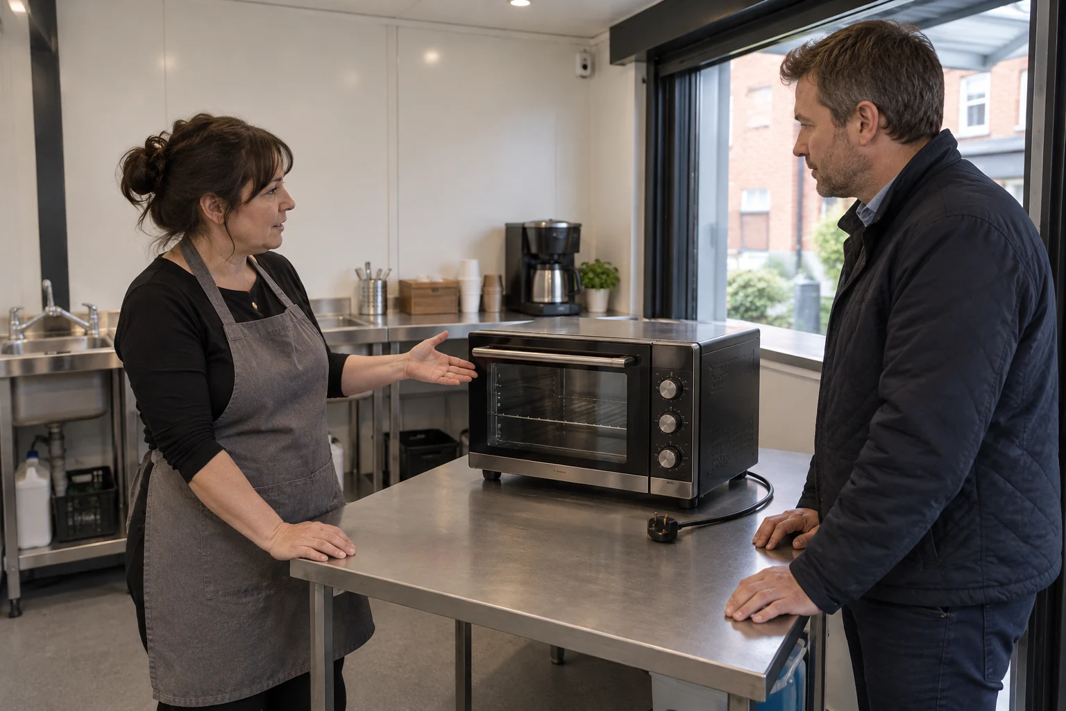 Operator and reviewer discussing a proposed unplugged countertop oven
